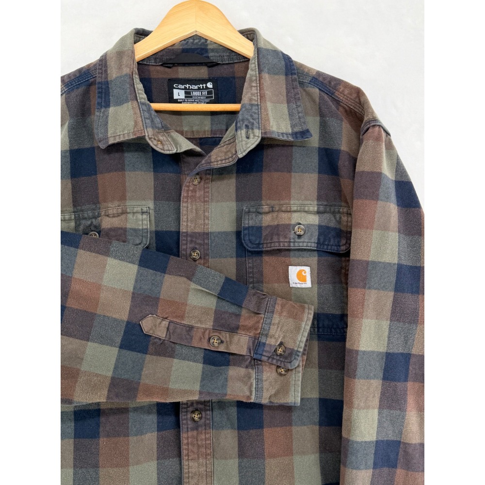Carhartt Mens L Loose Fit Flannel Plaid Button Down Shirt Brown Green 105078